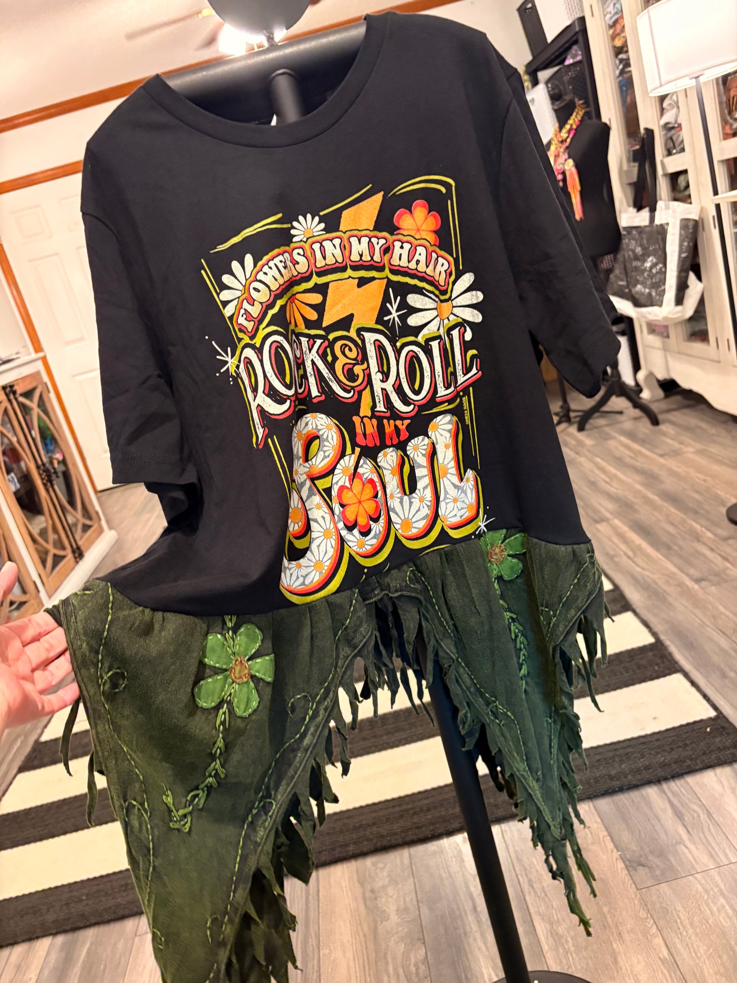 Rock and Roll Upcycled Fringed Bottom Tee Dress Fits a Small to XL