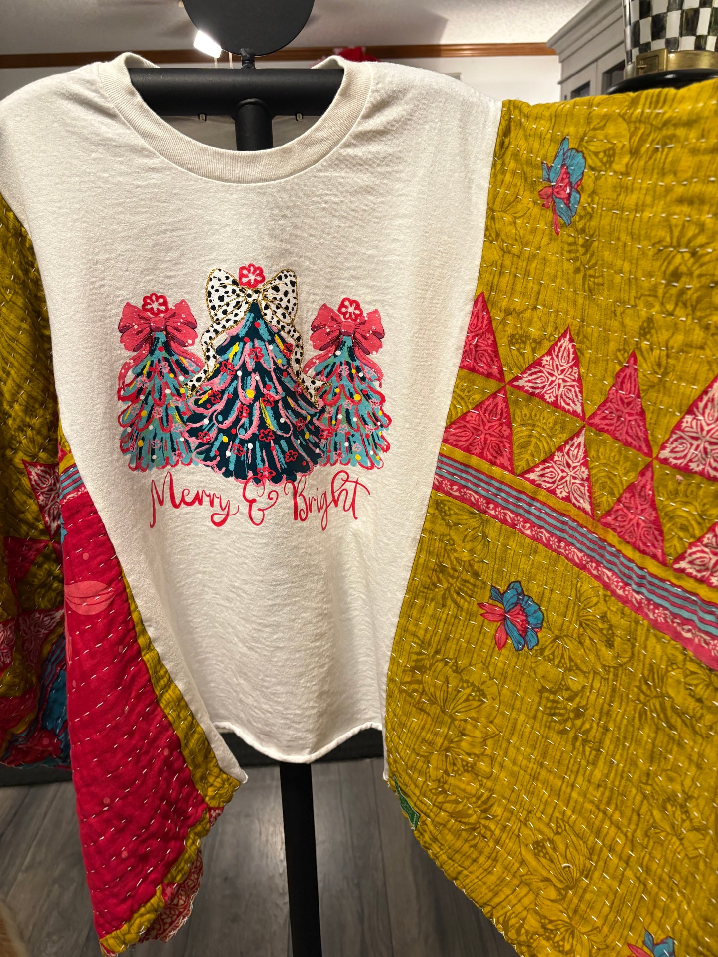 Merry and Bright Upcycled Vintage Kantha Poncho Tee Fits A Size Small to 3X