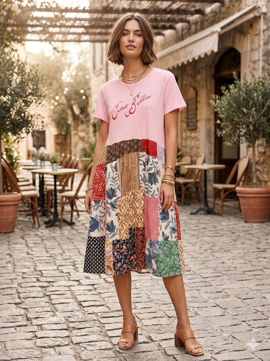 Ciao Bella Upcycled Vintage Patchwork Tee Dress Fits a Small to Large