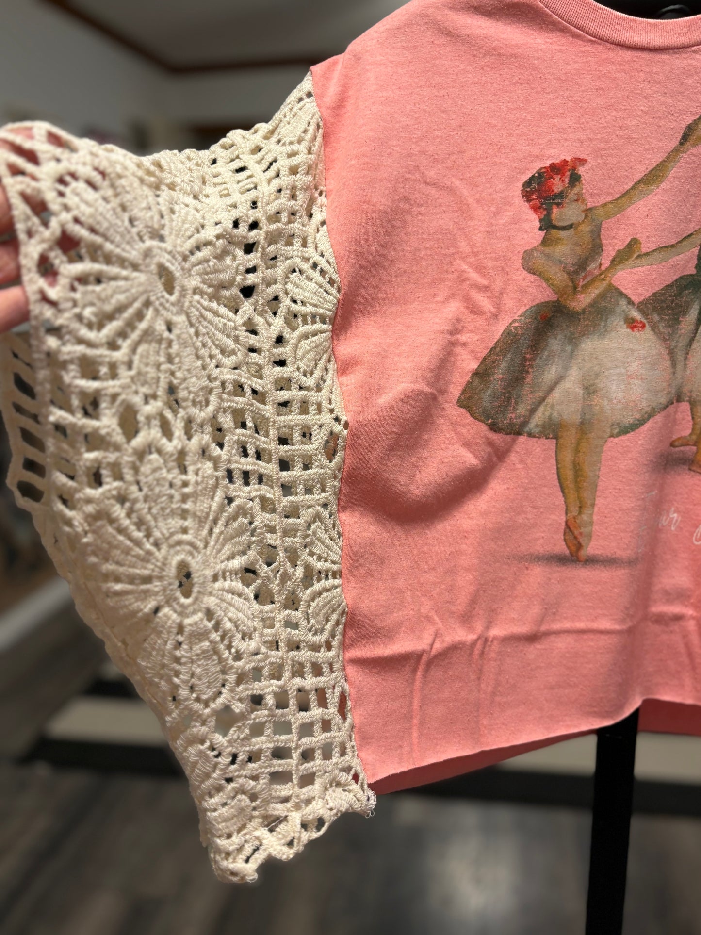 Degas Upcycled Drop Sleeve Crochet Tee One Size Fits a Small to Large SHORT Length