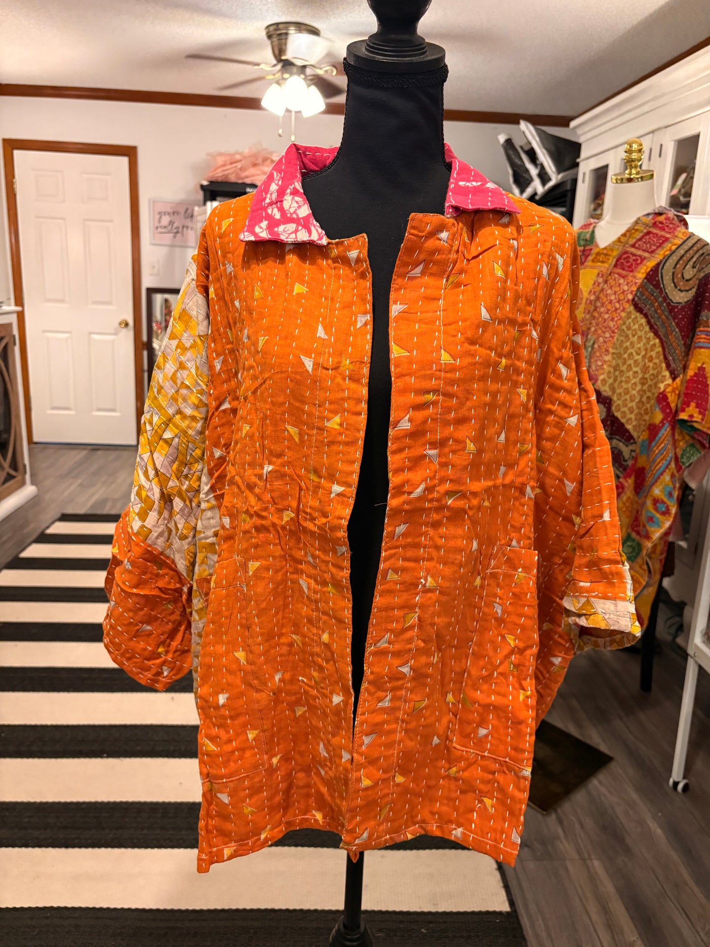 Donna Vintage Printed Cotton Kantha Jacket One Size Fits Small to 2X