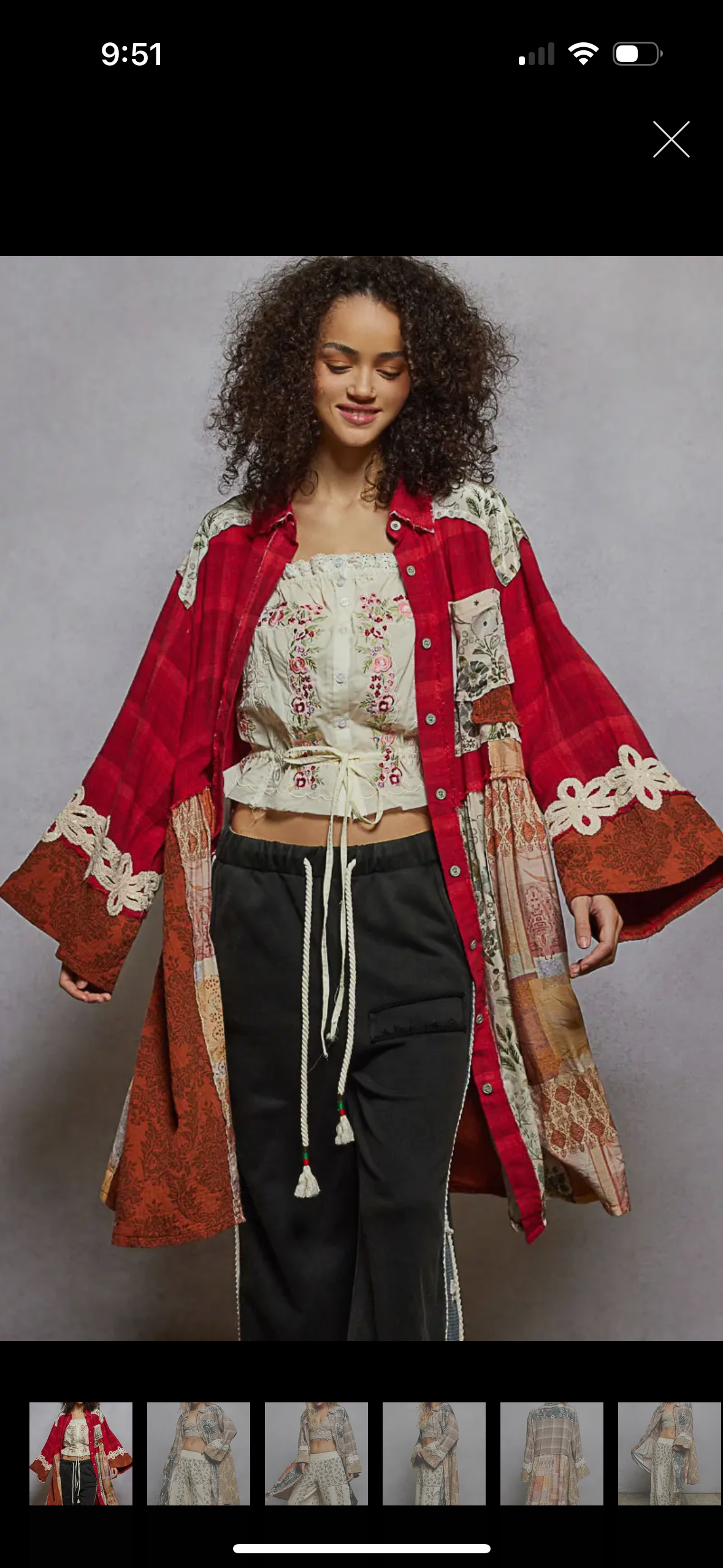 Long sleeve spangle crochet trim plaid knee length shirt top: RED MULTI / M