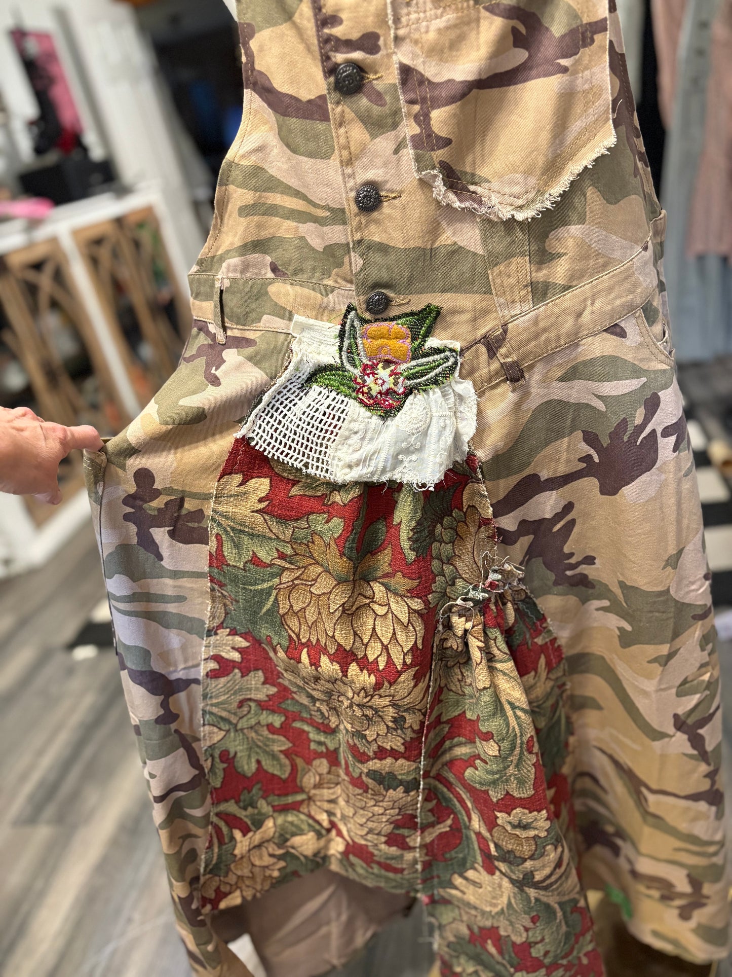 Floral Camo Upcycled Patchwork Overall Dress One Size Fits a Small to XL