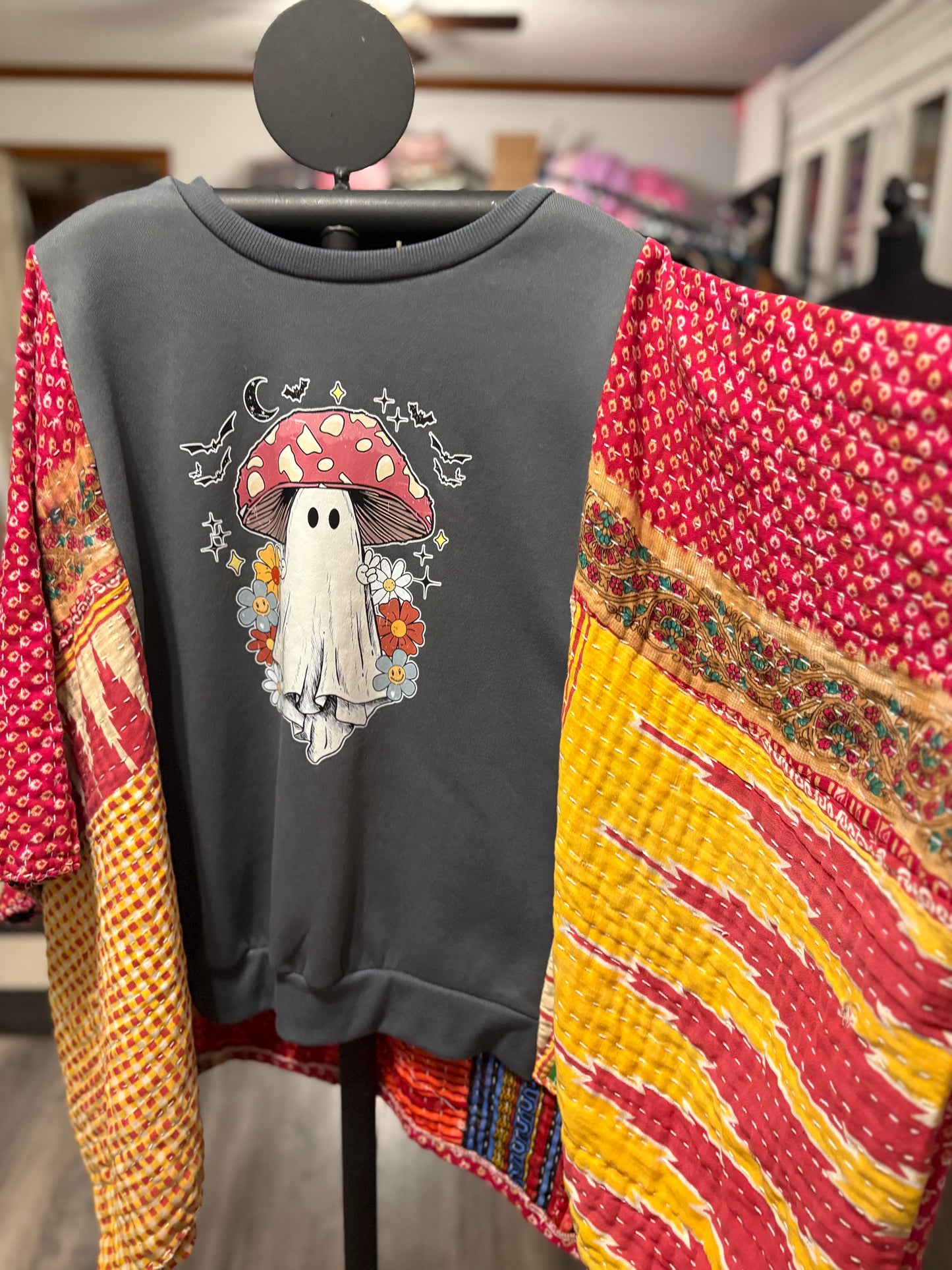 Mushroom Ghost Vintage Kantha Poncho Sweatshirt Fits A Size Small to XXL