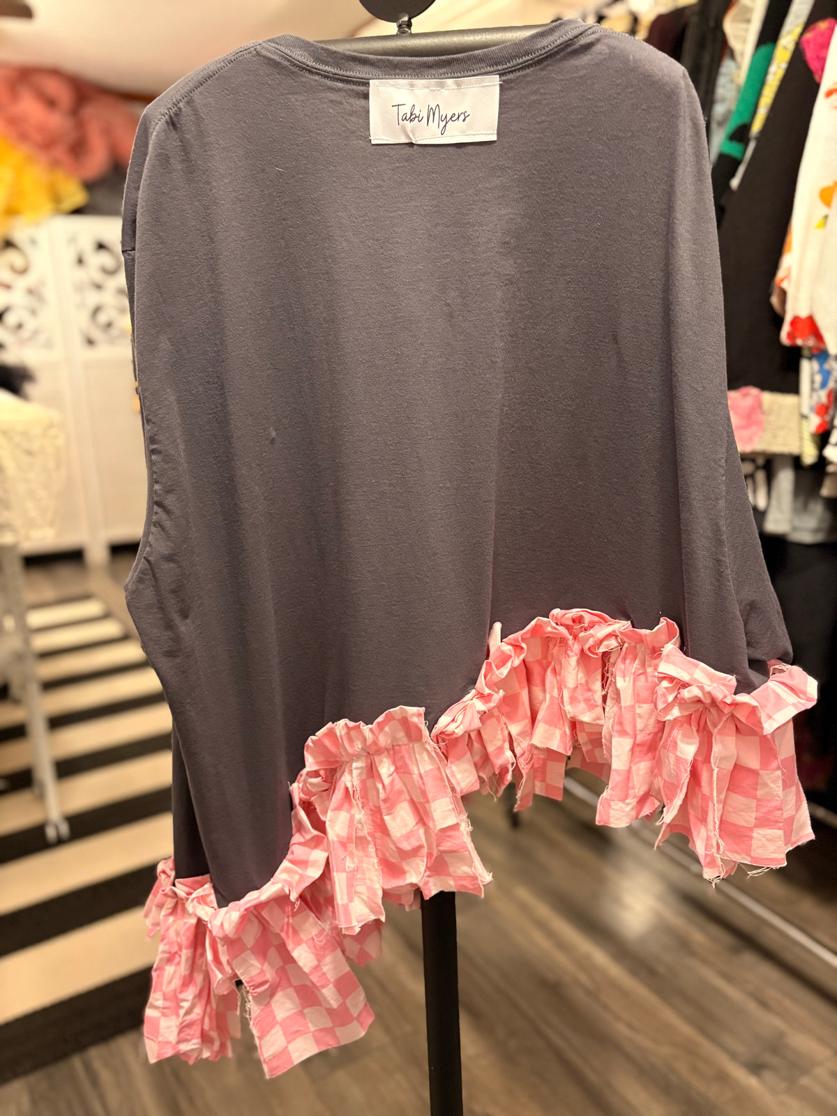 Woodstock Checker Fringe Asymmetrical Tee One Size Fits Small to 3X