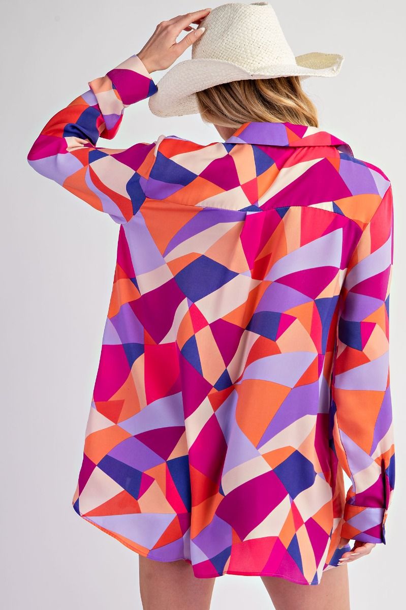 Hot Pink Geo Satin Button Down Shirt