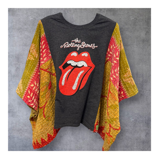 Satisfaction Upcycled Vintage Kantha Quilt Poncho Tee One Size Fits a Small to XXL
