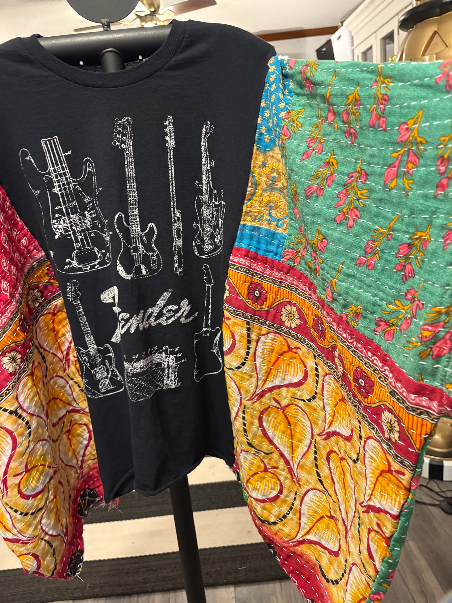 Fender Upcycled Vintage Kantha Quilt Poncho Tee One Size Fits a Large to 3X