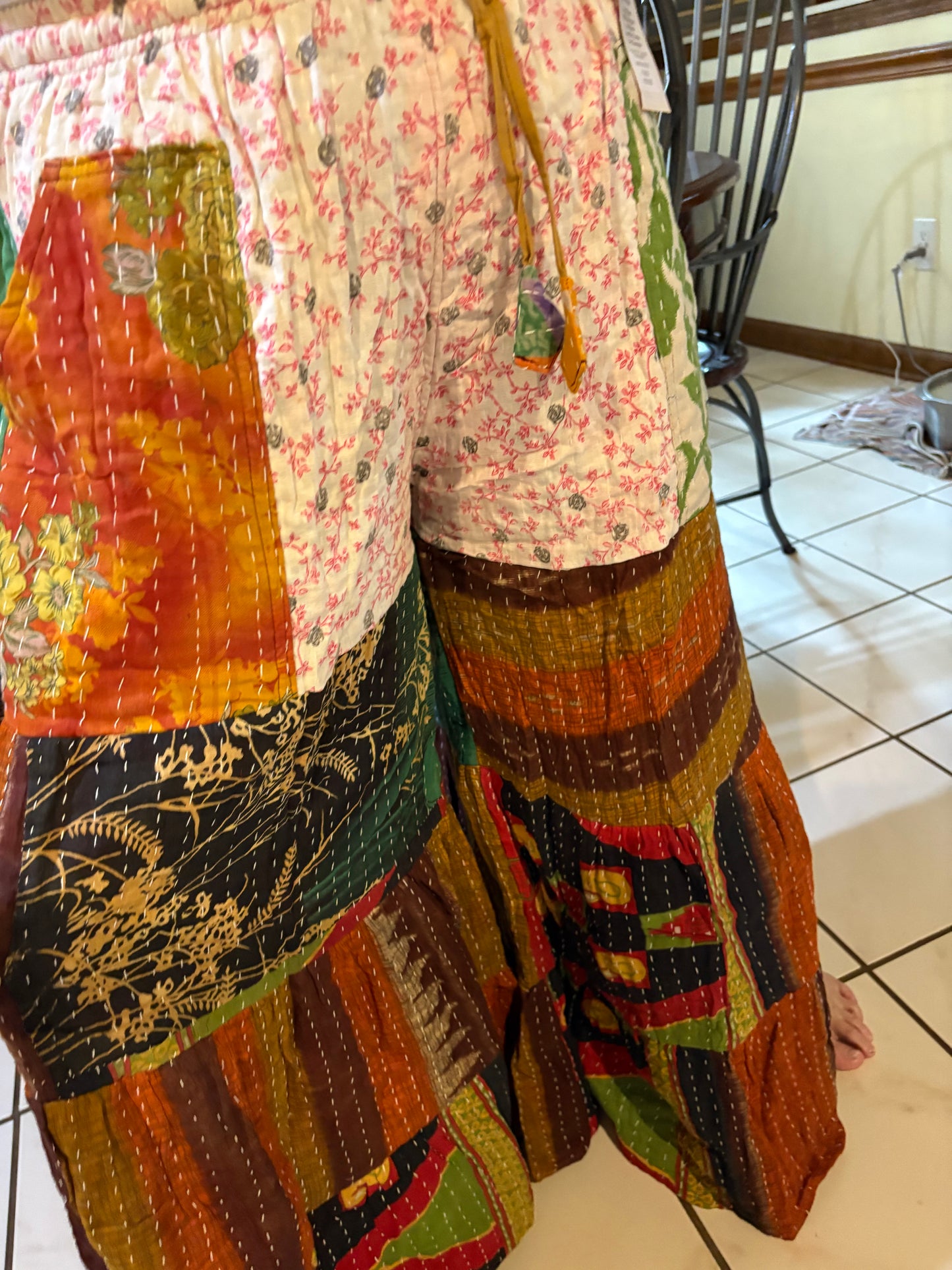 Kantha Flowy Tiered Reversible Palazzo Pant with Pockets: One Size Fits Size 6-16