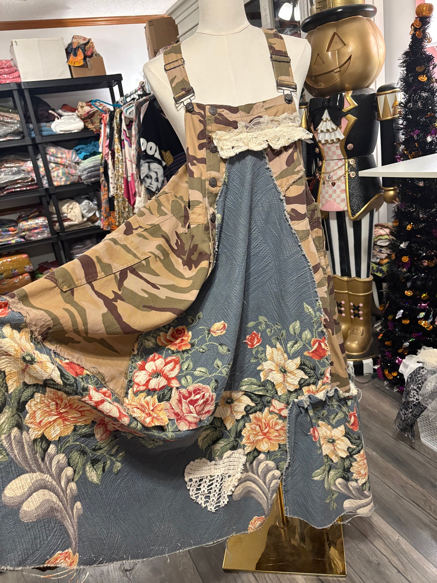 Classy Camo Upcycled Patchwork Overall Dress One Size Fits a Small to XL