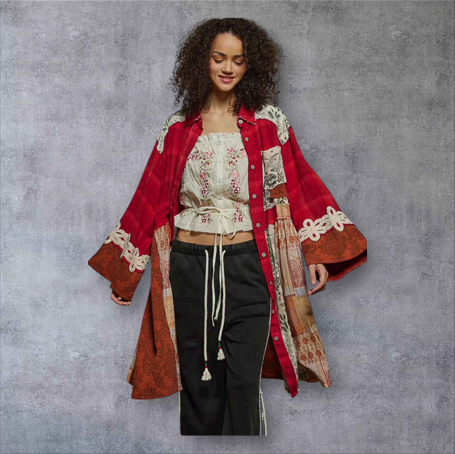 Long sleeve spangle crochet trim plaid knee length shirt top: RED MULTI / M