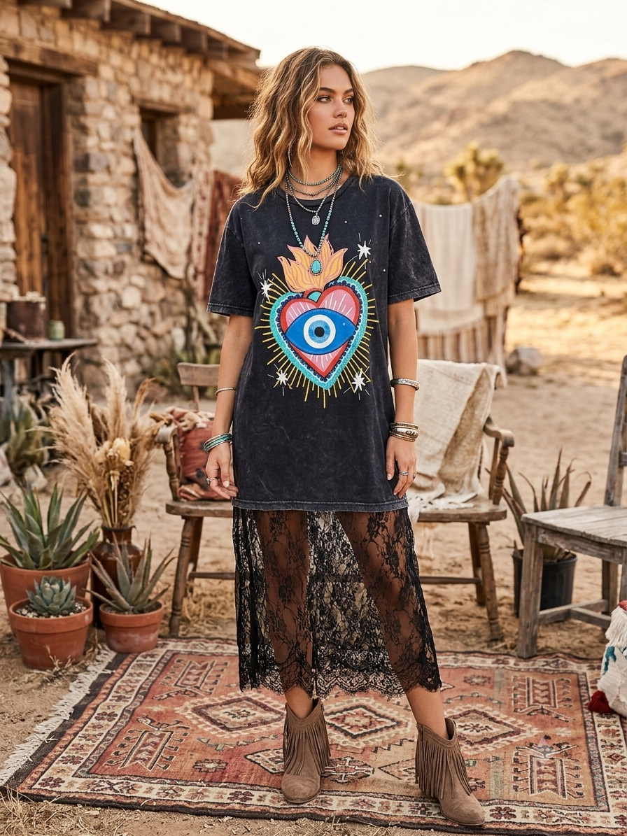 Eyeconic Lace Bottom Tee Dress OVERSIZED Fits a Small to XL