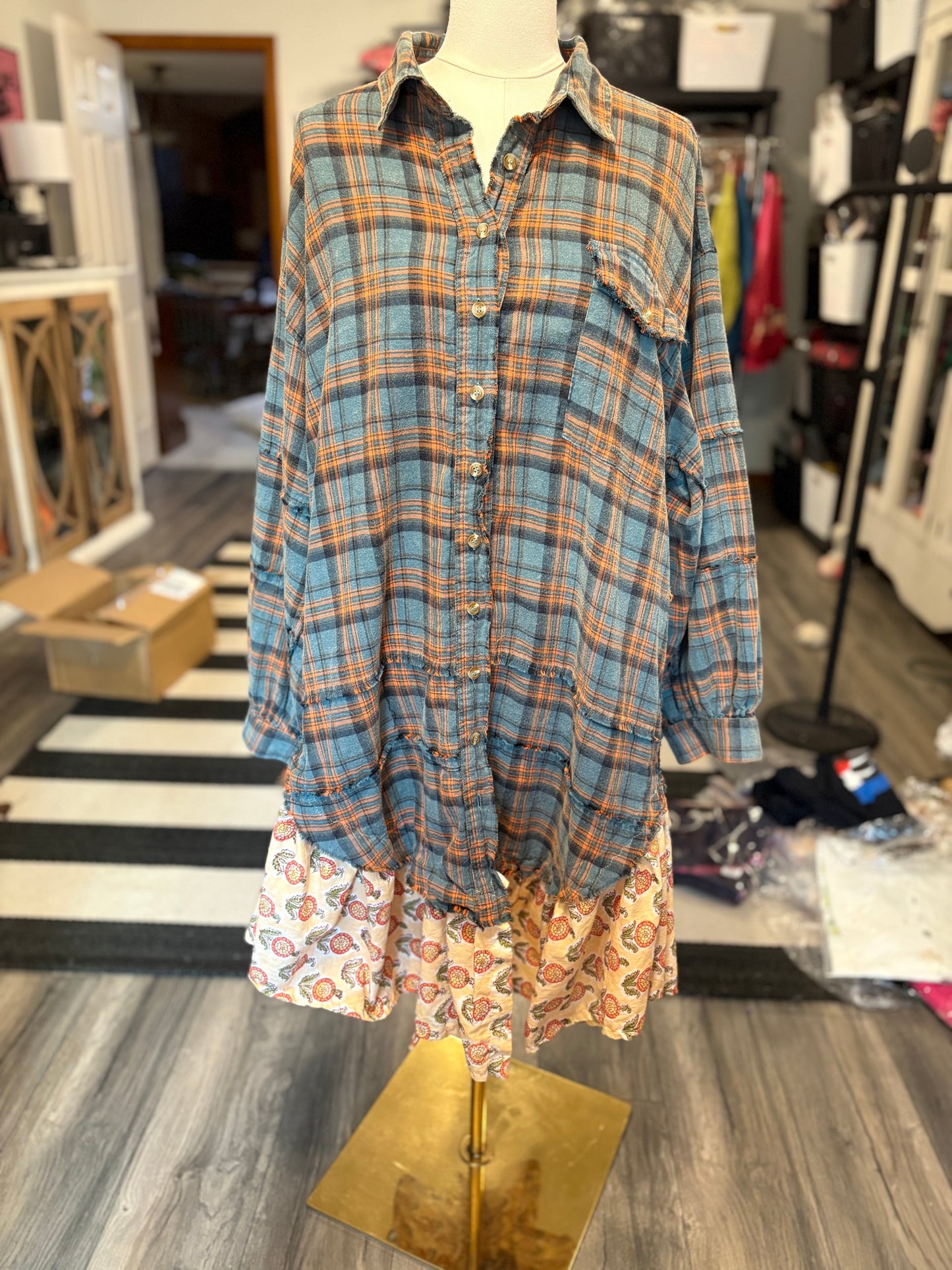 Petal Upcycled Oversized Frayed Flannel Dress One Size Fits a Small to XXL