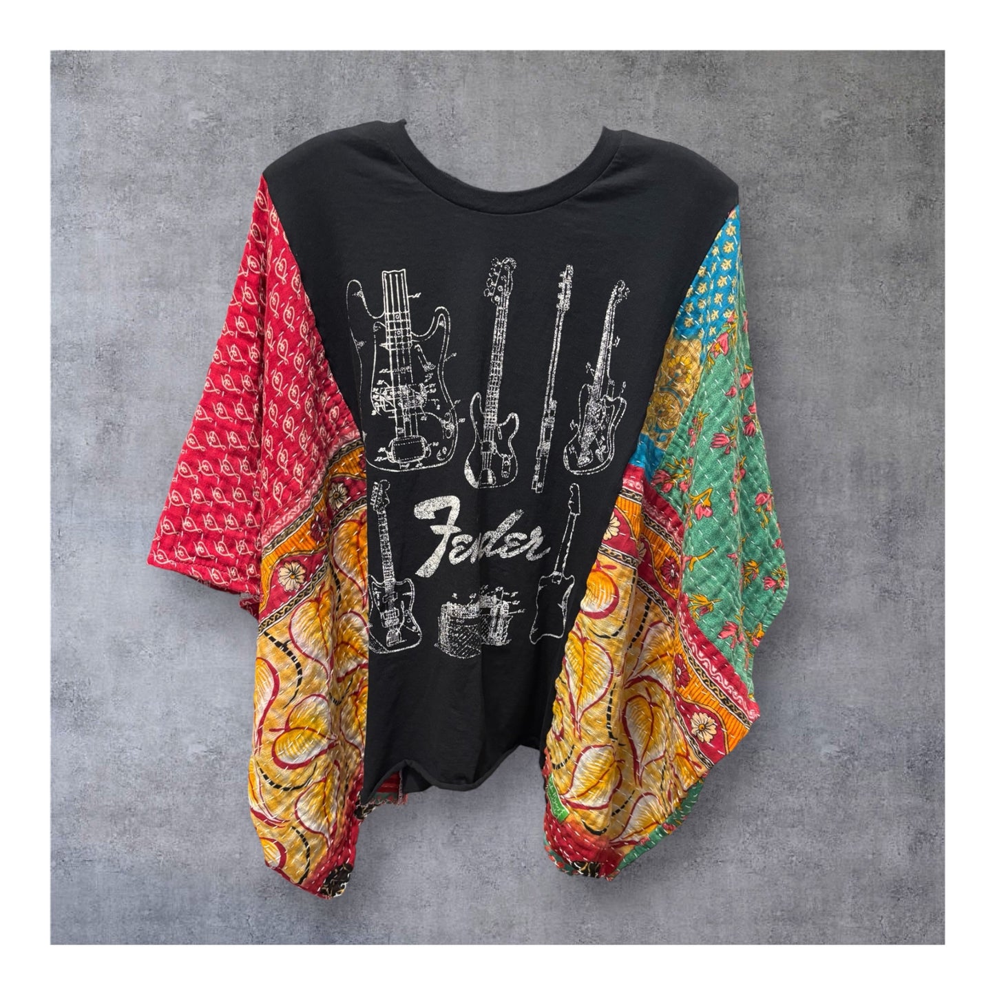 Fender Upcycled Vintage Kantha Quilt Poncho Tee One Size Fits a Large to 3X