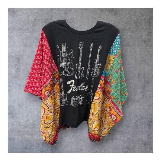 Fender Upcycled Vintage Kantha Quilt Poncho Tee One Size Fits a Large to 3X