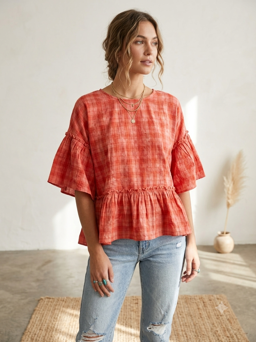 Raspberry Plaid Ruffle Top Small