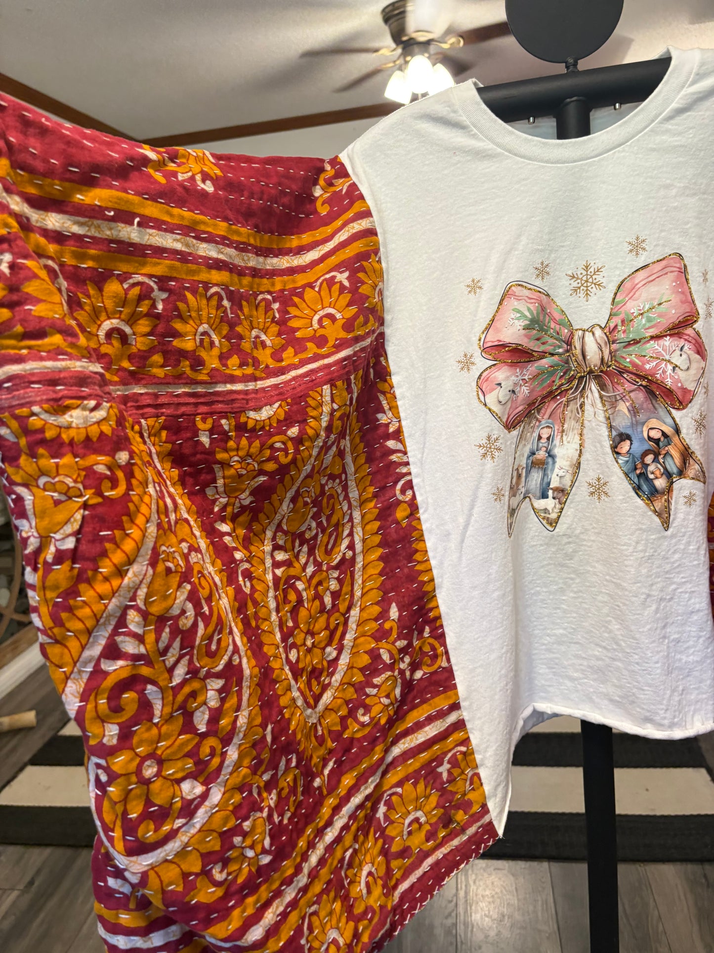 Jesus is the Reason Upcycled Vintage Kantha Poncho Tee Fits A Size Small to 3X