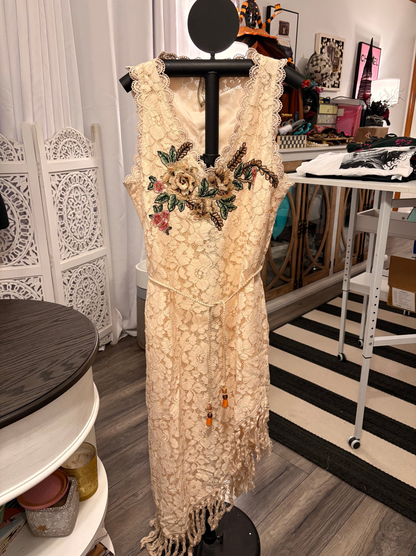 Midsummer Eve Hand Embroidered Crochet Lace Dress by Aratta M/L