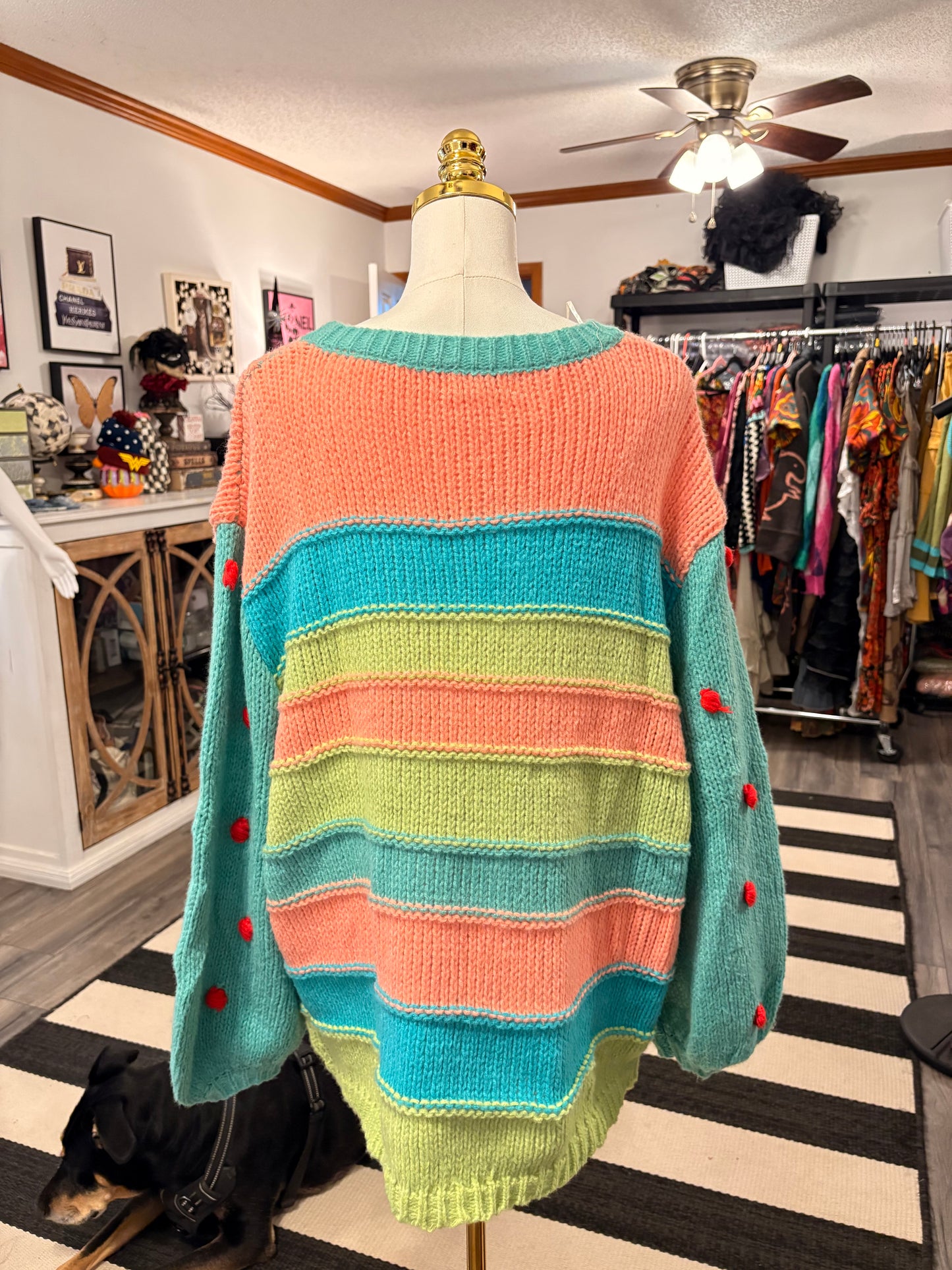 Teal Striped Pom Pom Sleeve Sweater