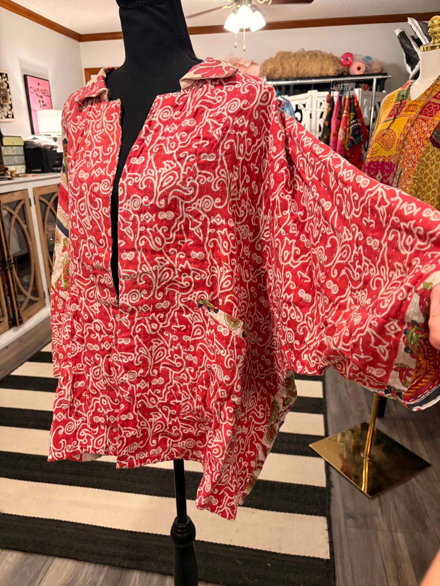 Lauren Vintage Printed Cotton Kantha Jacket One Size Fits Small to 2X