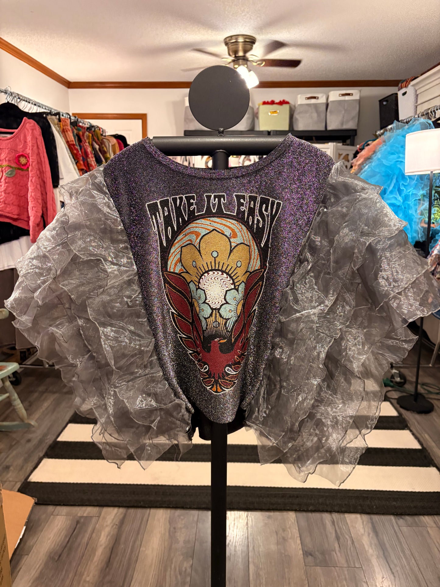 Take It Easy Rockstar Ruffle Top One Size Fits a Small to XL Cropped