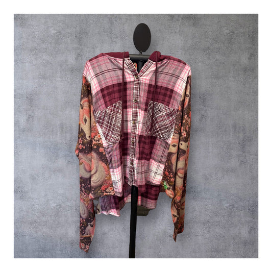 Pink Unicorn Upcycled Flannel Hoodie Sweater One Size Fits a Small to XXL