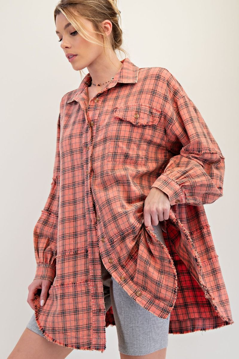 Coral Plaid Frayed Long Flannel