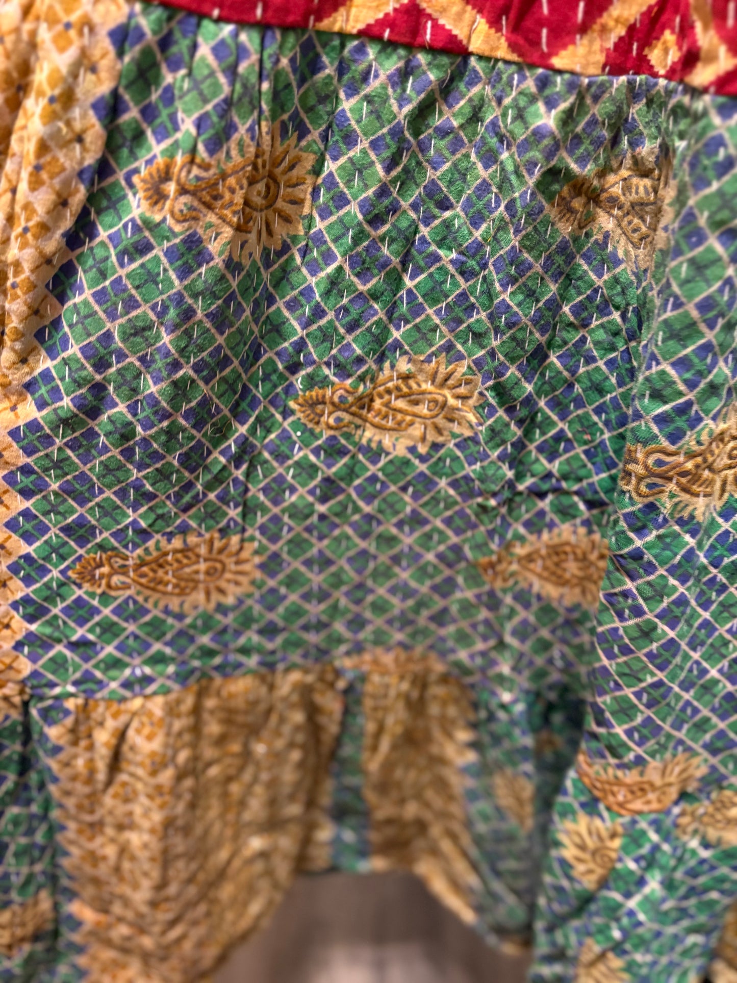 Vintage Kantha Boho Long Maxi Skirt with Pockets