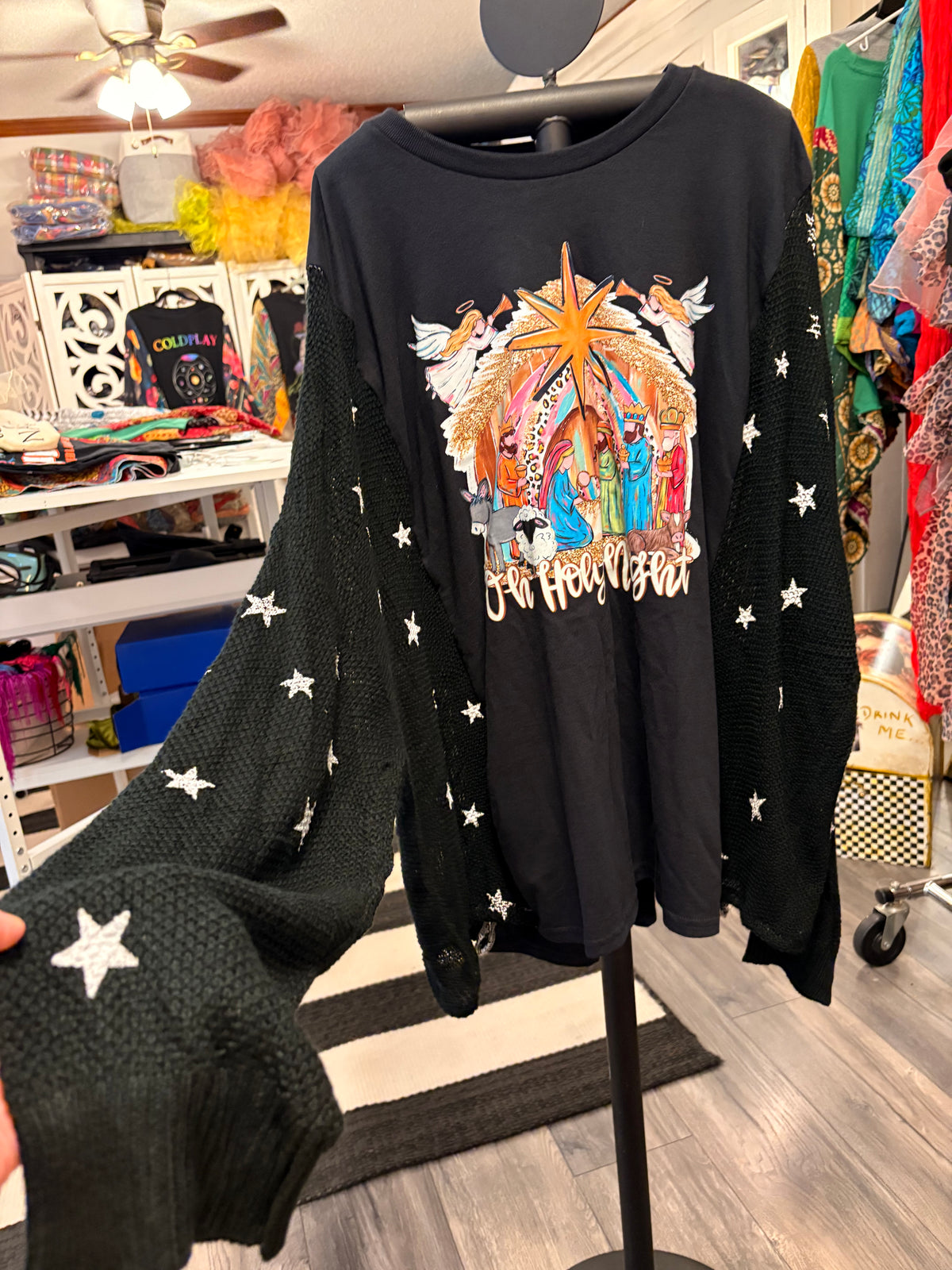 Holy Night Drop Sleeve Sweater Tee One Size Fits a Small to 3X