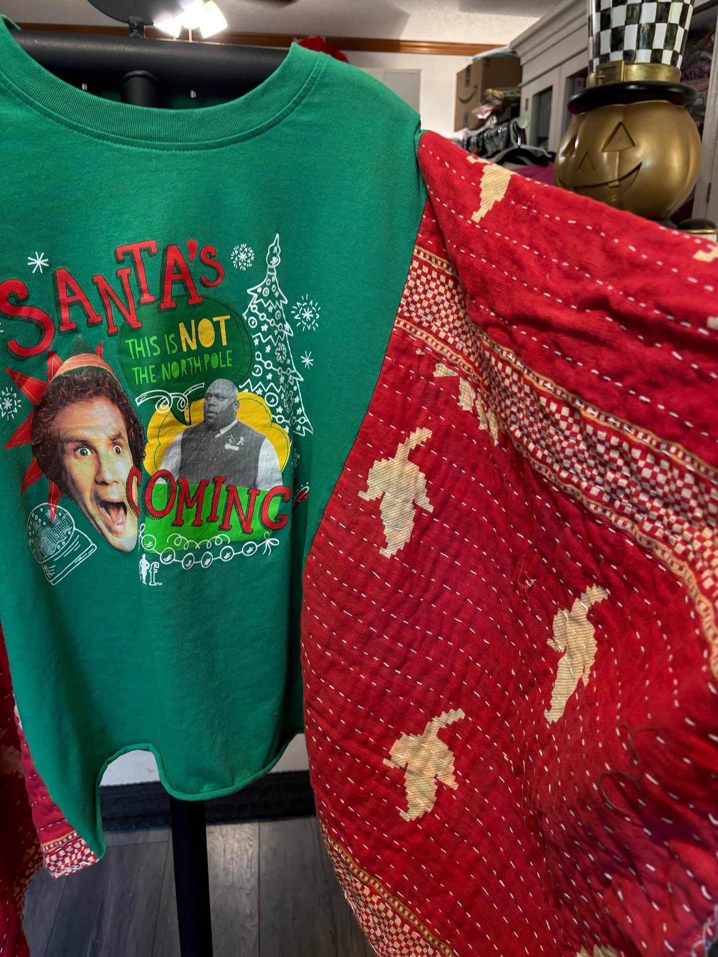Santa’s Coming Upcycled Vintage Kantha Poncho Tee Fits A Size Small to XXL