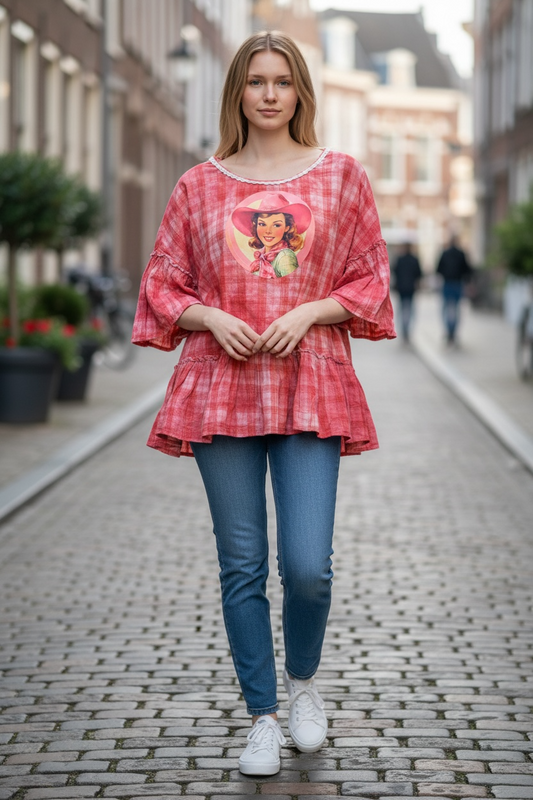 Pretty Pink Cowgirl Upcycled Ruffle Plaid Top OVERSIZED Fits a Small