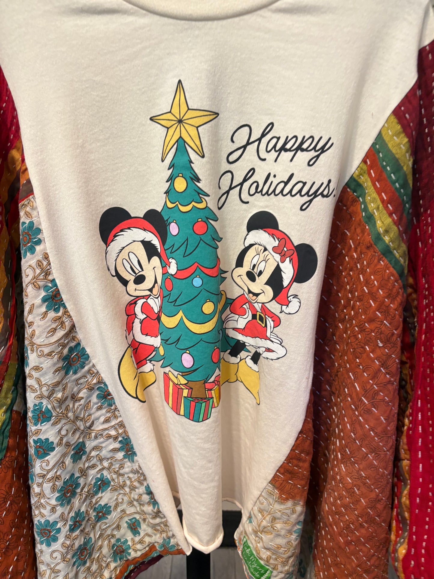 Mickey Christmas Upcycled Vintage Kantha Poncho Tee Fits A Size Small to XXL
