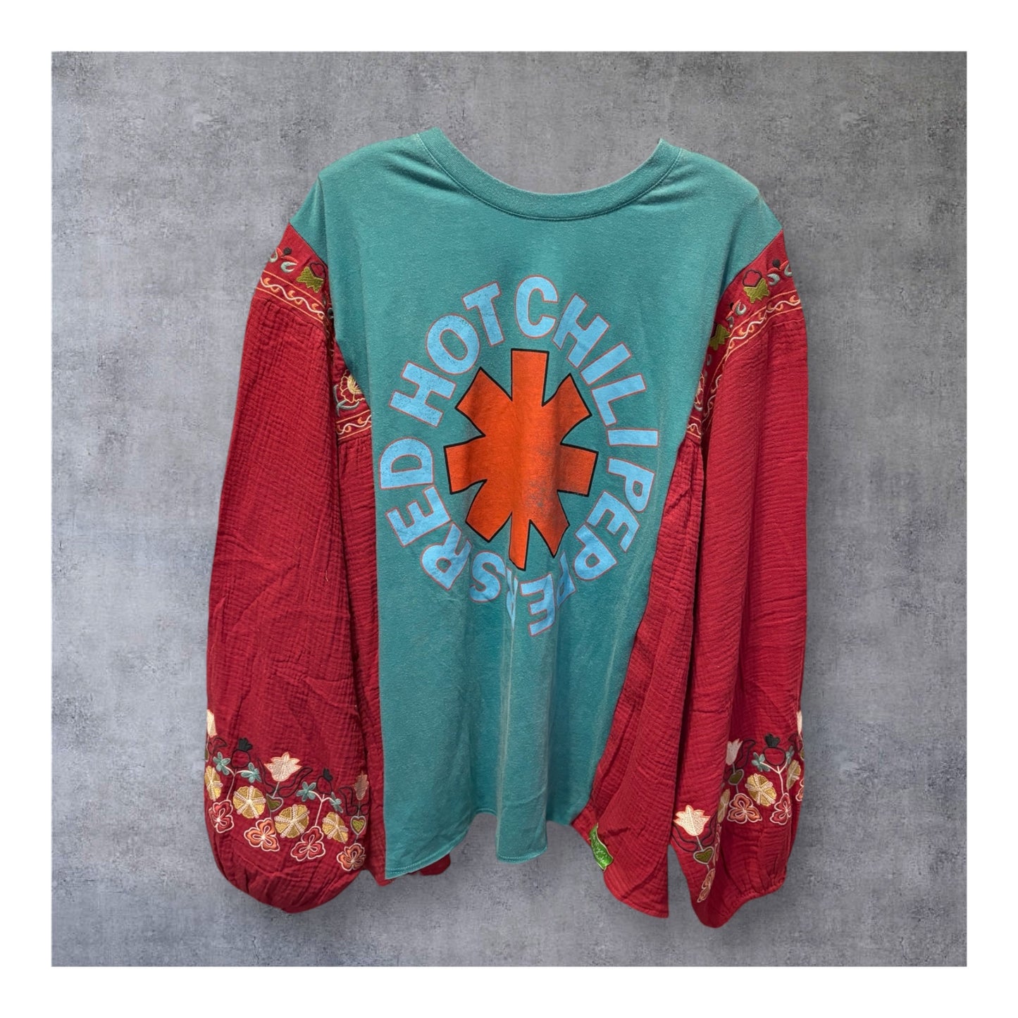 Red Hot Upcycled Drop Sleeve Embroidered Dolman Tee One Size Fits An XL to 4X Oversized