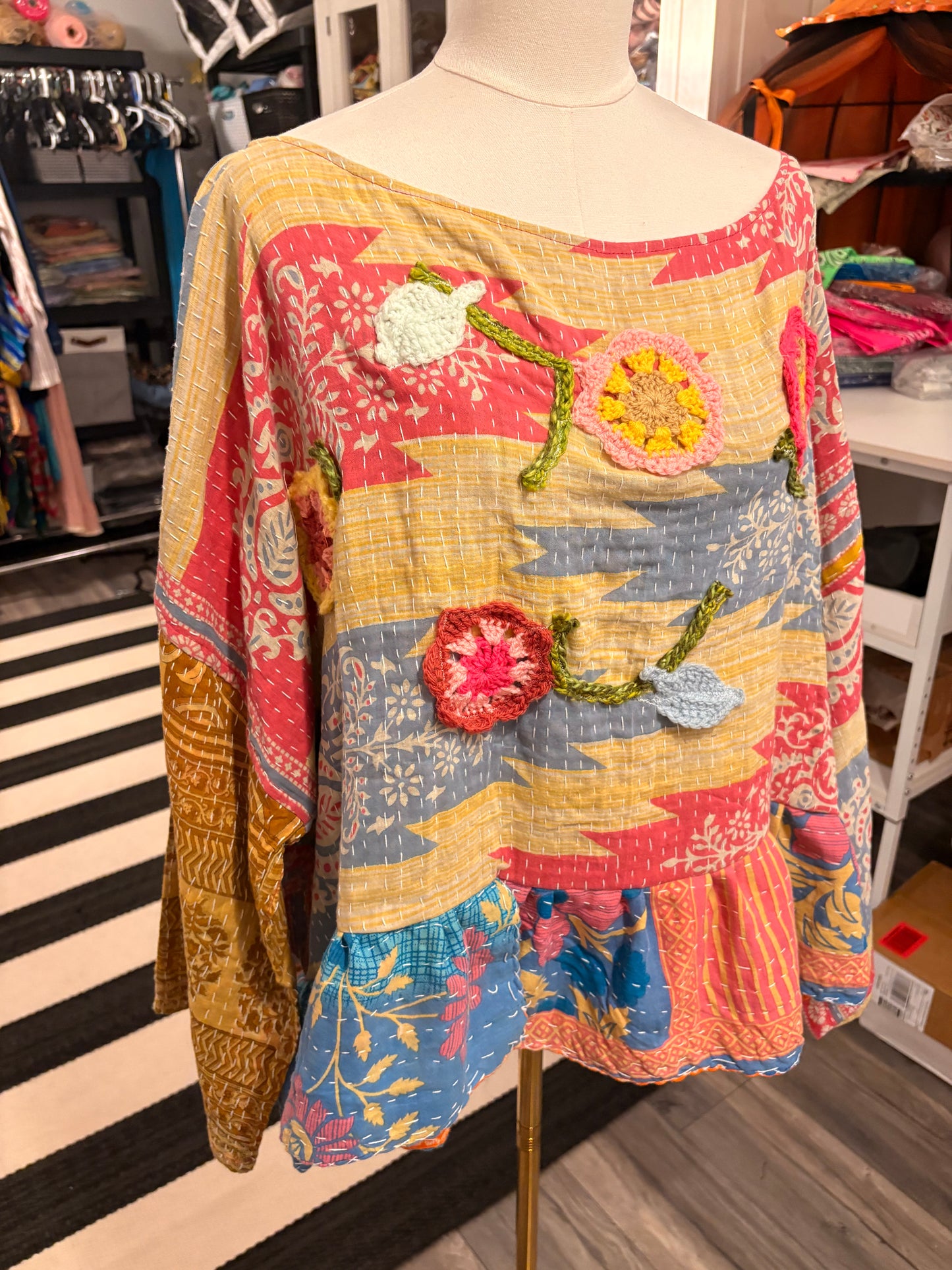 Crochet and Kantha Ruffled Hi/Lo Top