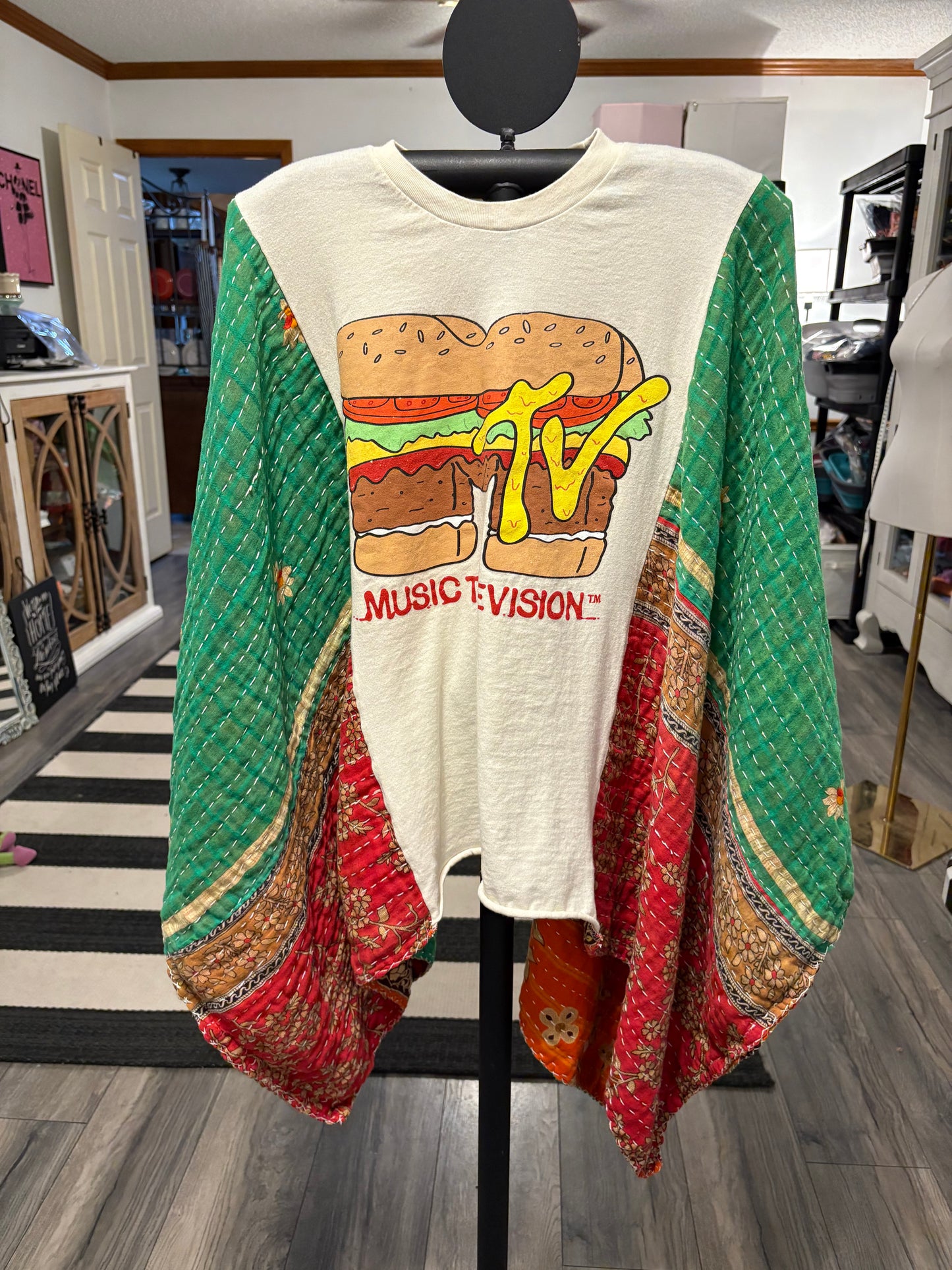 MTV Burger Upcycled Vintage Kantha Poncho Tee Fits A Size Small to XXL