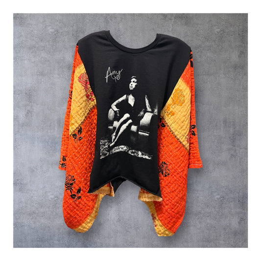 Back to Black Upcycled Vintage Kantha Quilt Poncho Tee One Size Fits a Small to XXL