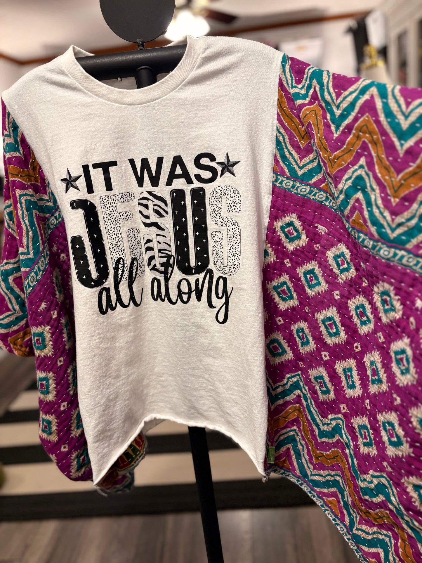 It Was Jesus Upcycled Vintage Kantha Quilt Poncho Tee One Size Fits a Small to XXL