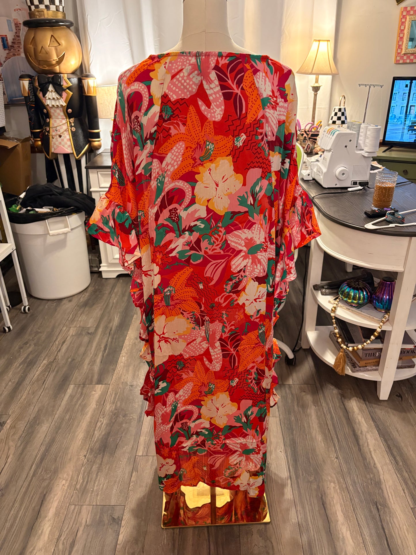 Red Tropical Ruffle Kaftan Large