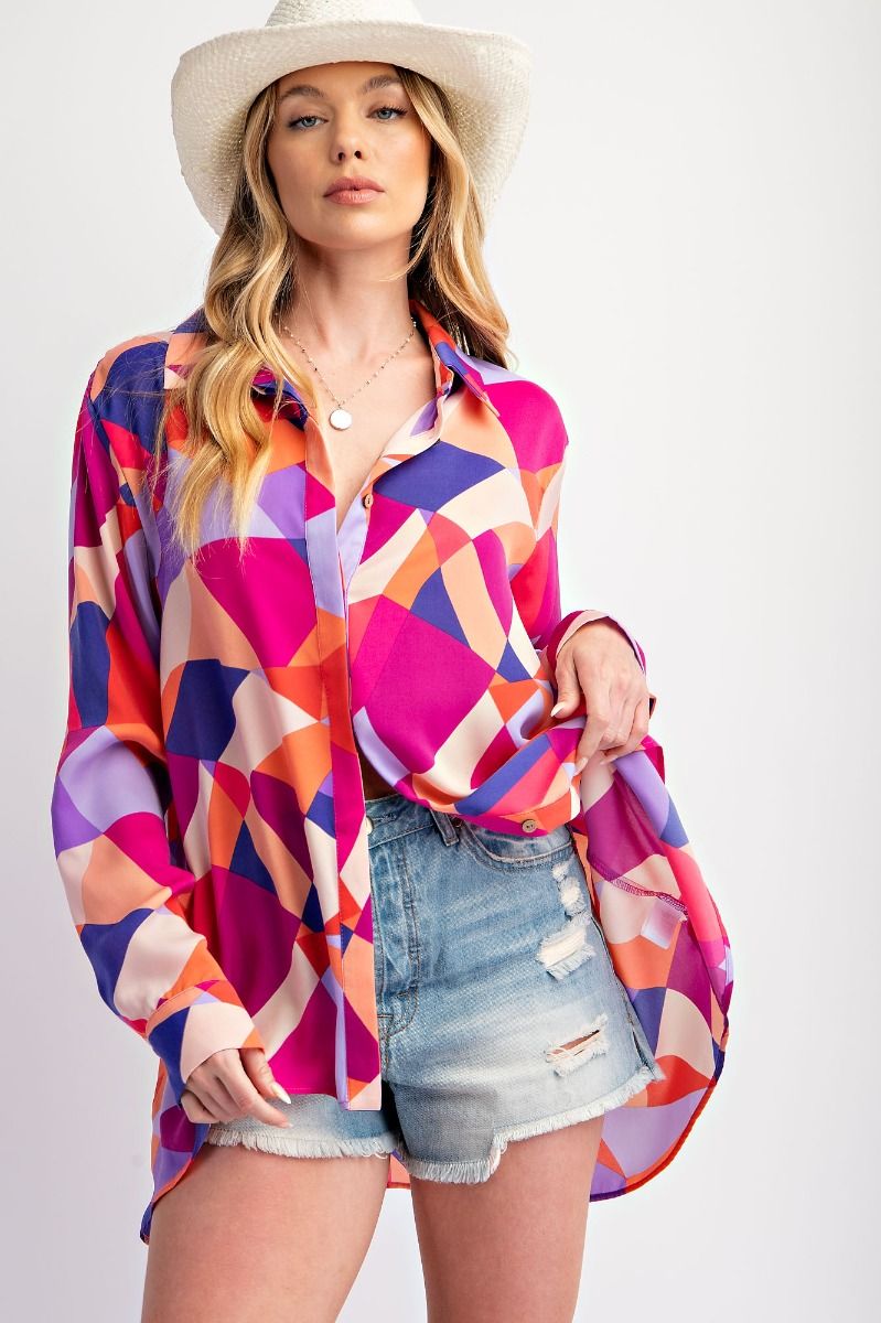 Hot Pink Geo Satin Button Down Shirt