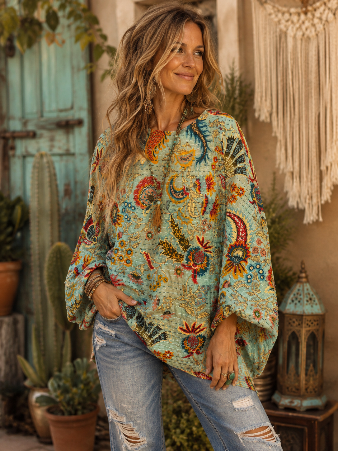 Melissa Turquoise Dreams Kantha Top One Size Fits Small to 3X