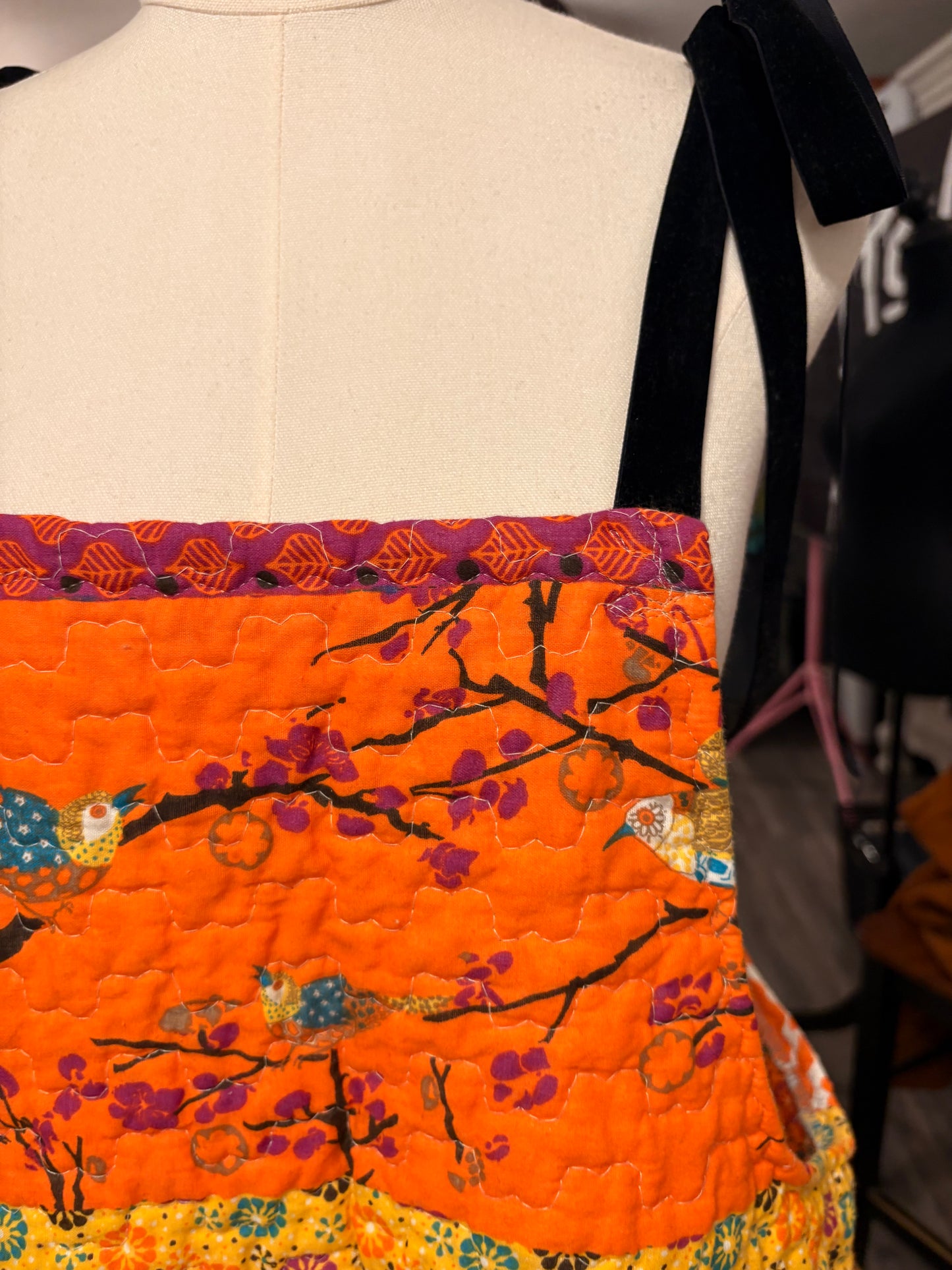 Mandarin Day Upcycled Quilt Art Smock with Pockets One Size Fits a Small to XL Oversized!