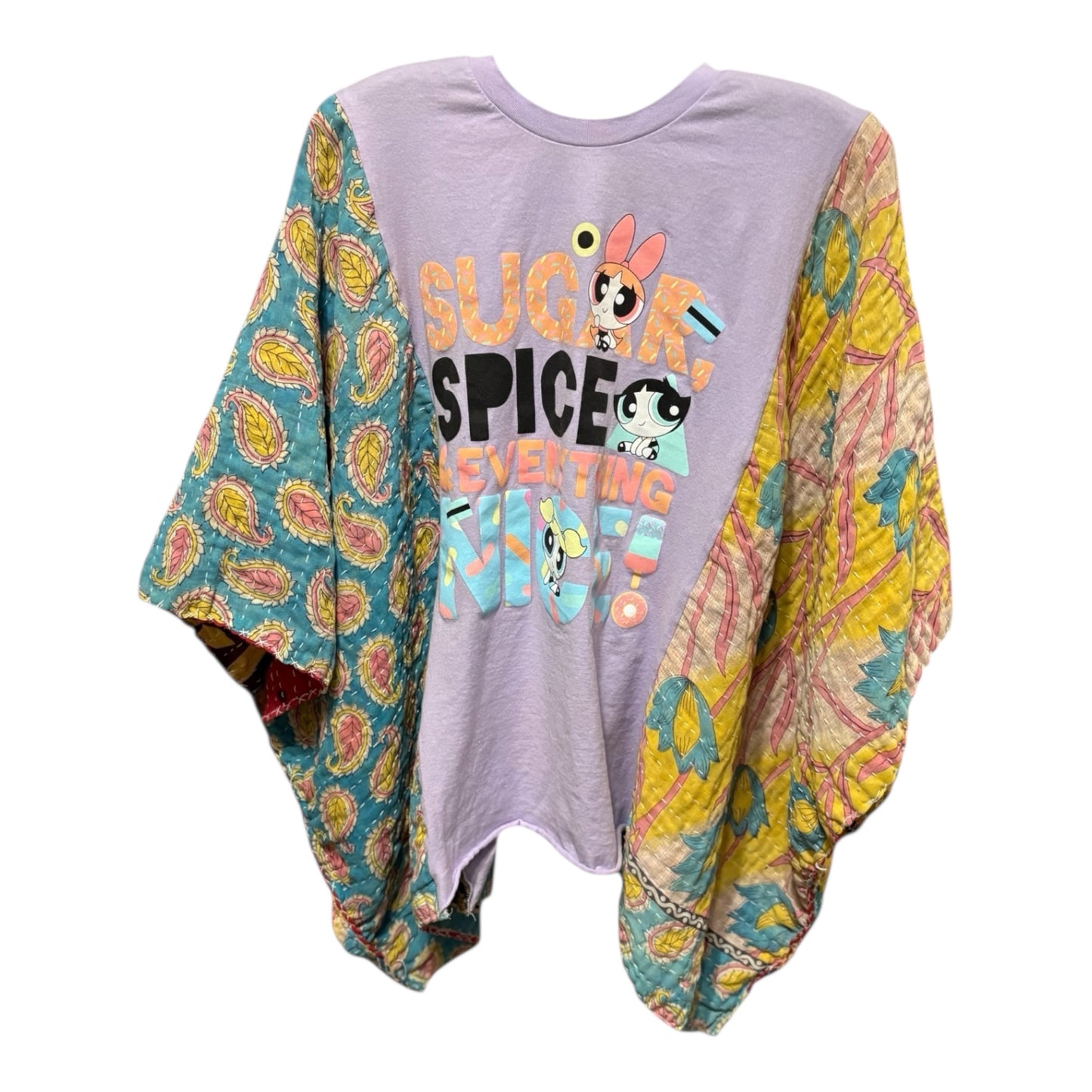 Power Puff Upcycled Vintage Kantha Poncho Tee Fits A Size Small to XXL