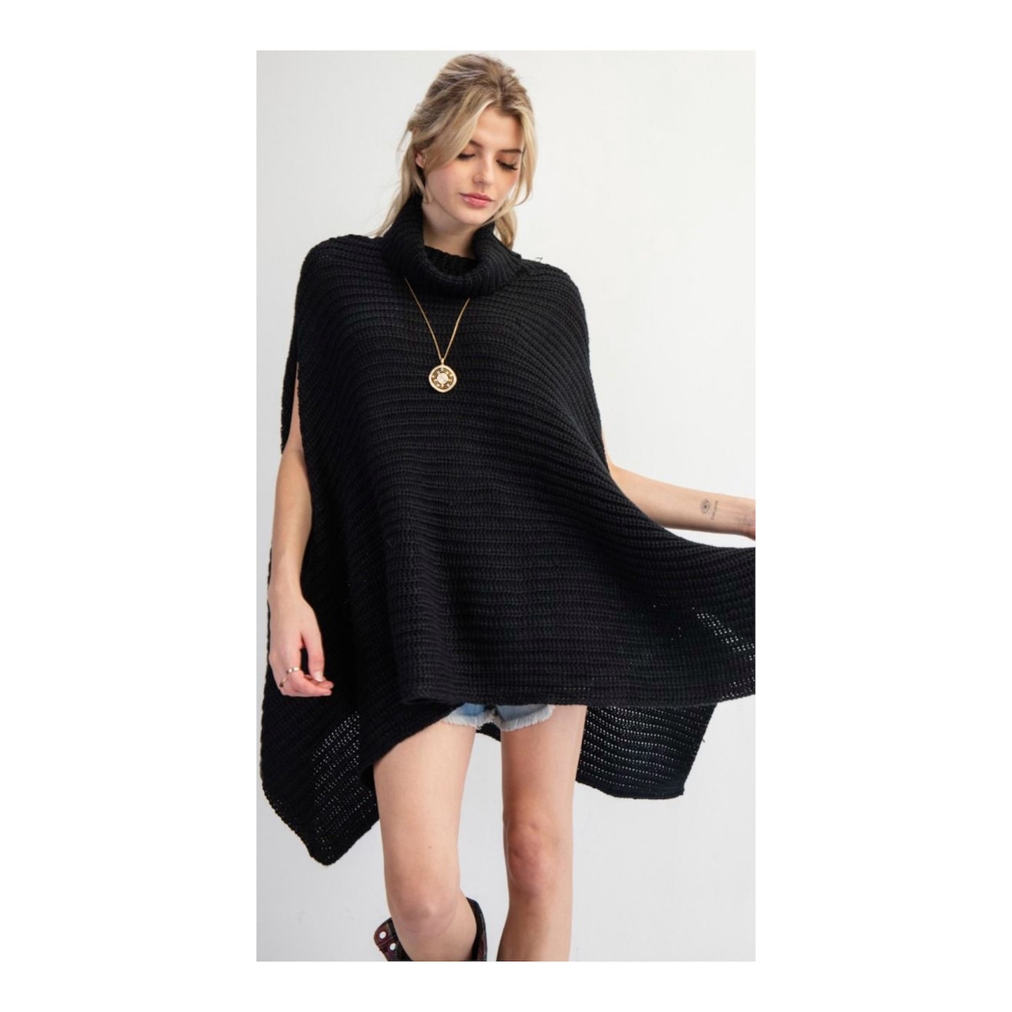 Black Knit Turtleneck Poncho