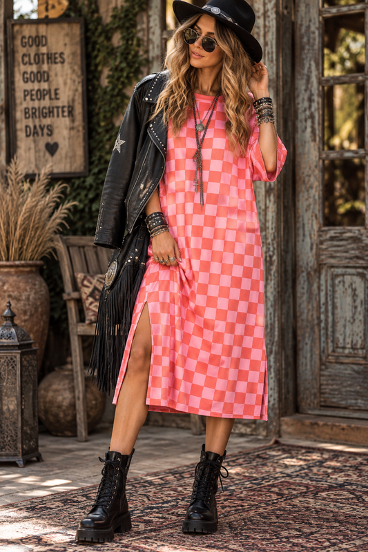 1/2 SLEEVE RIBBED CHECKERBOARD MIDI DRESS: RED/PINK