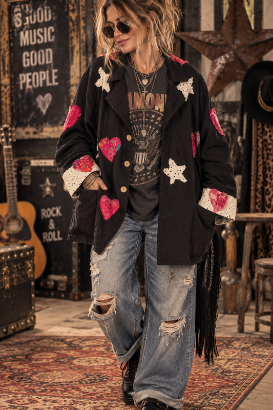Notched Collar Star & Heart Applique Relaxed Blazer Jacket: Black