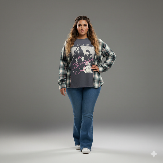 Breakfast Club Upcycled Drop-Sleeve Tee Flannel One Size Fits Small to Large