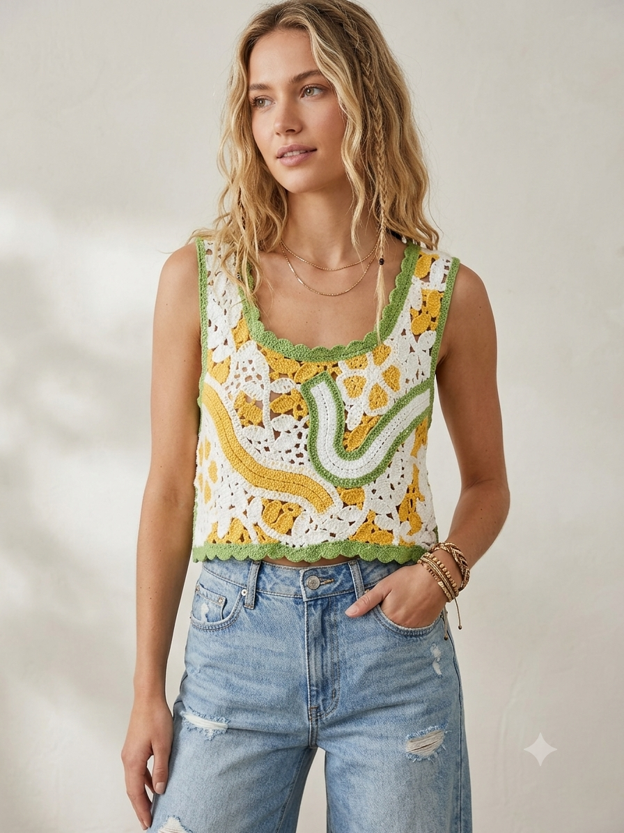Green Wave Crochet Crop Top OS Fits Small to Large