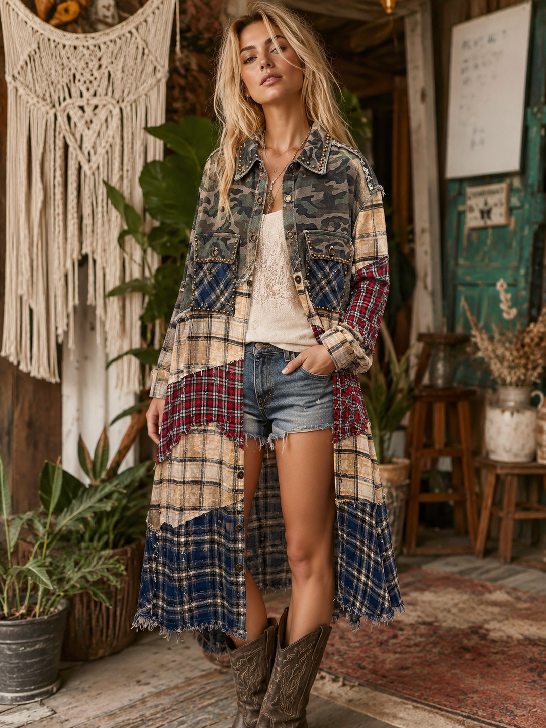 Long Sleeve Plaid Woven Varied Patchwork Maxi Shirt Jacket: CAMO MULTI / M