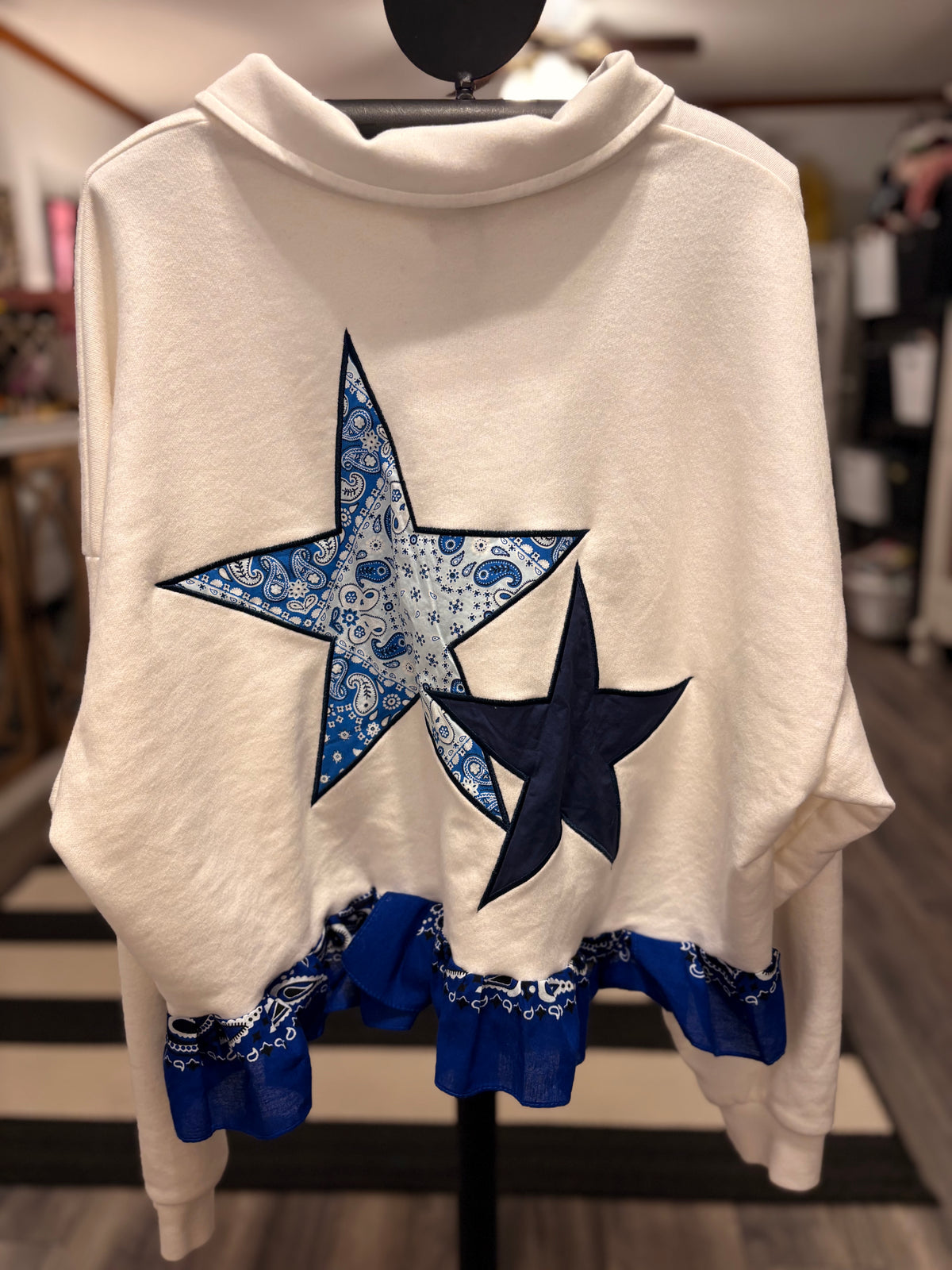 Blue Stars Hi/Lo Glam Bandana Sweatshirt One Size Fits a Small to XL