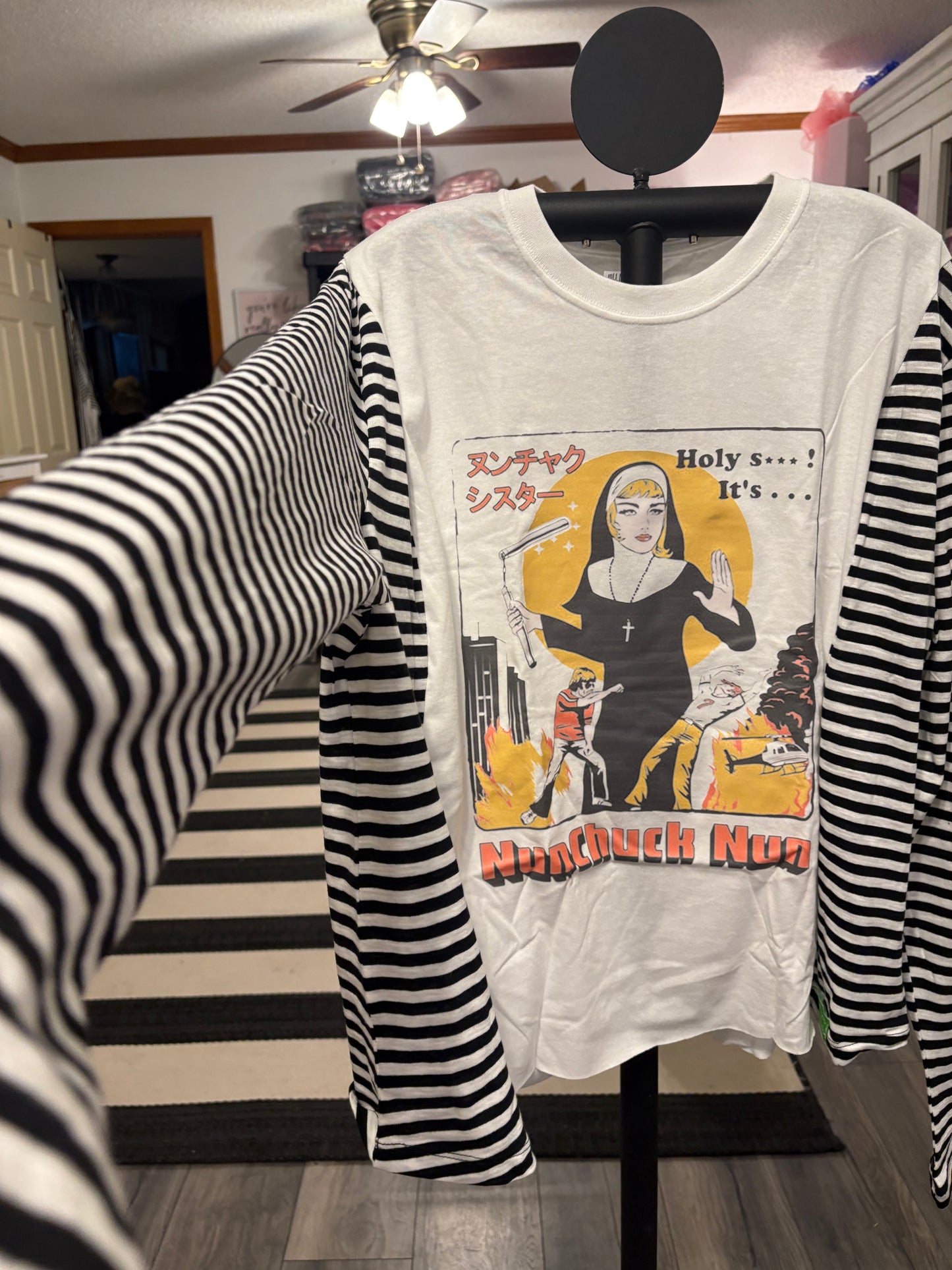 Nunchuck-Nun Upcycled Long-Sleeve Knit Tee Small to XXL